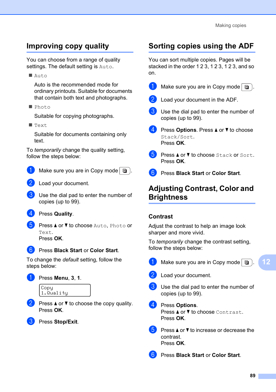 Improving copy quality, Sorting copies using the adf, Adjusting contrast, color and brightness | Contrast, 12 improving copy quality | Brother MFC-9120CN User Manual | Page 105 / 264