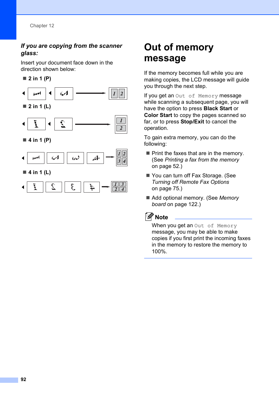 If you are copying from the scanner glass, Out of memory message | Brother MFC-9120CN User Manual | Page 108 / 264