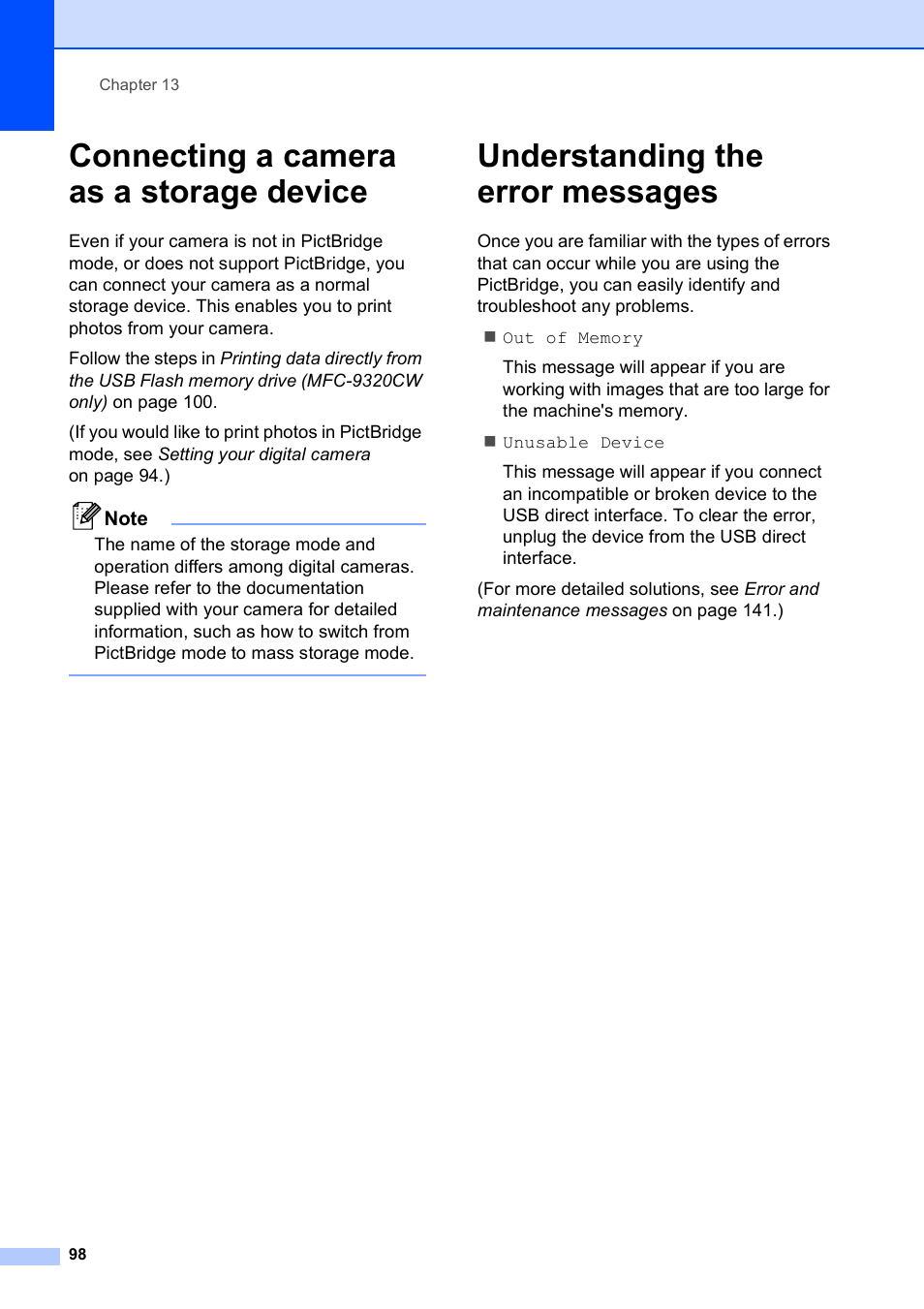 Connecting a camera as a storage device, Understanding the error messages | Brother MFC-9120CN User Manual | Page 114 / 264
