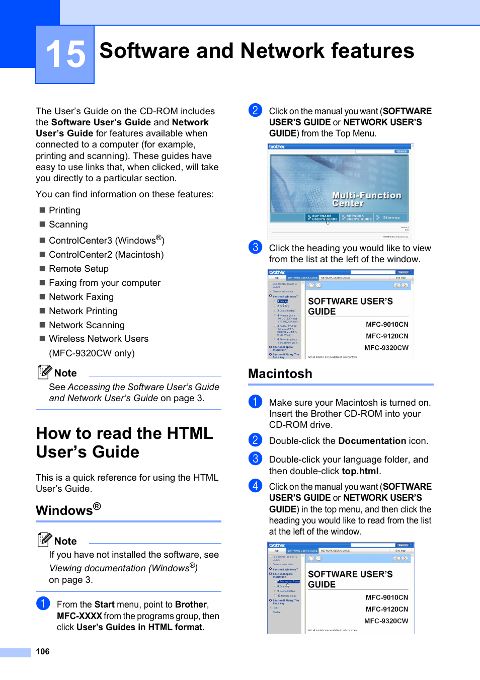 15 software and network features, How to read the html user’s guide, Windows | Macintosh, Software and network features | Brother MFC-9120CN User Manual | Page 122 / 264