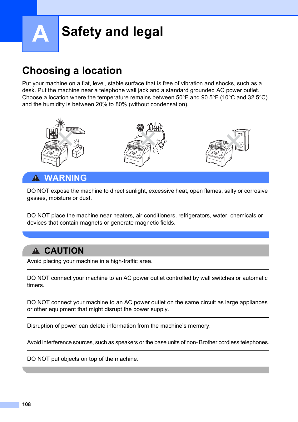 A safety and legal, Choosing a location, Safety and legal | Warning, Caution, Avoid placing your machine in a high-traffic area, Do not put objects on top of the machine | Brother MFC-9120CN User Manual | Page 124 / 264