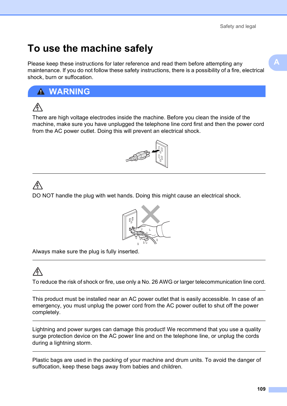 To use the machine safely, Warning, Always make sure the plug is fully inserted | Safety and legal 109 | Brother MFC-9120CN User Manual | Page 125 / 264