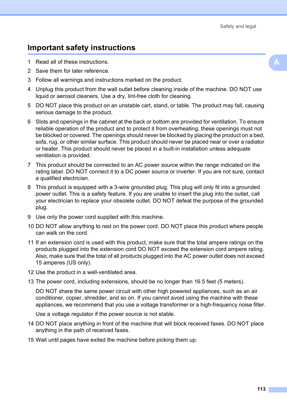 Important safety instructions, Aimportant safety instructions | Brother MFC-9120CN User Manual | Page 129 / 264