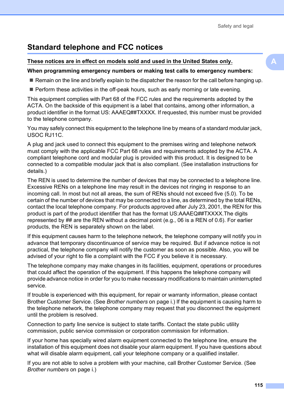 Standard telephone and fcc notices, Astandard telephone and fcc notices | Brother MFC-9120CN User Manual | Page 131 / 264
