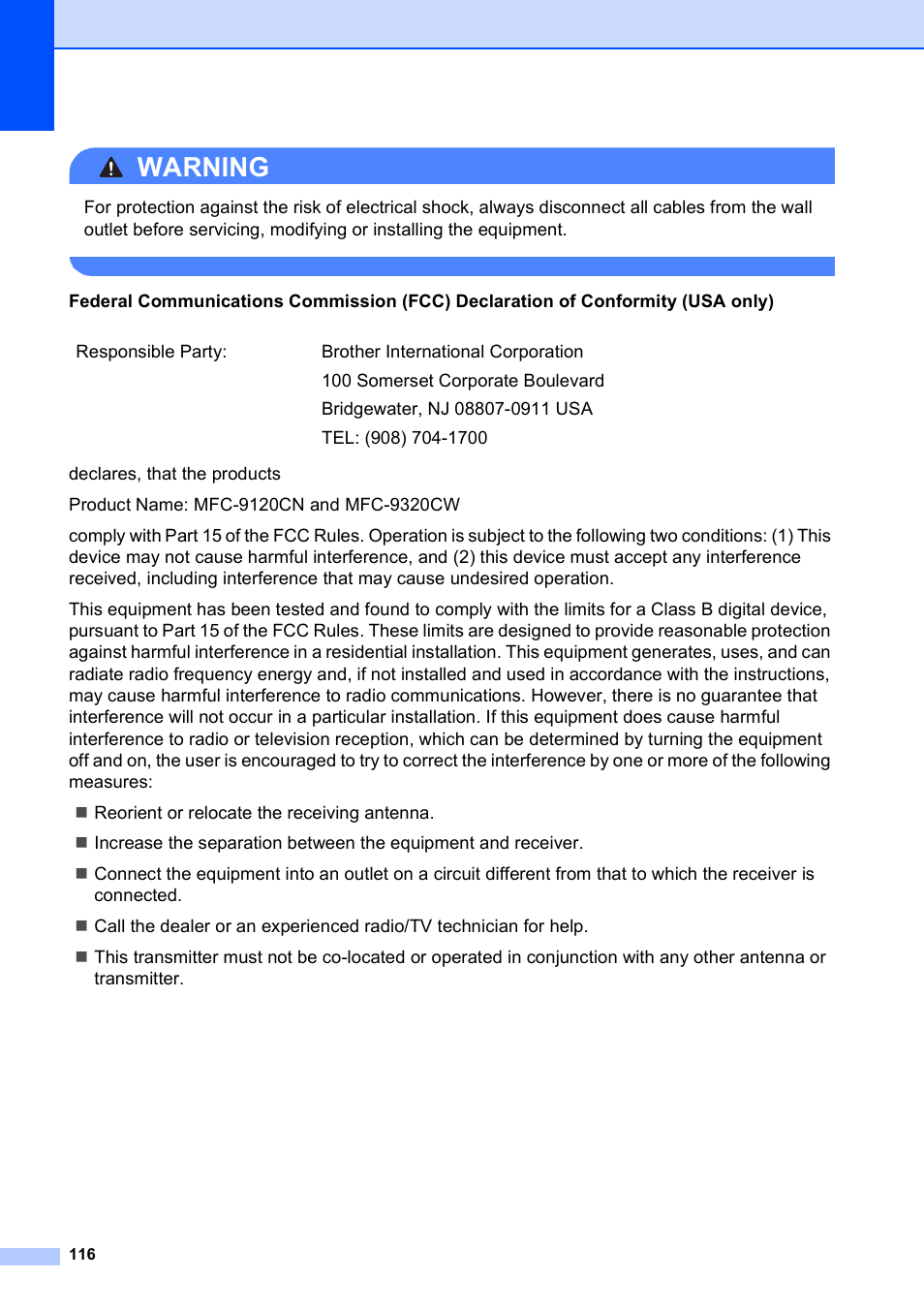 Warning | Brother MFC-9120CN User Manual | Page 132 / 264