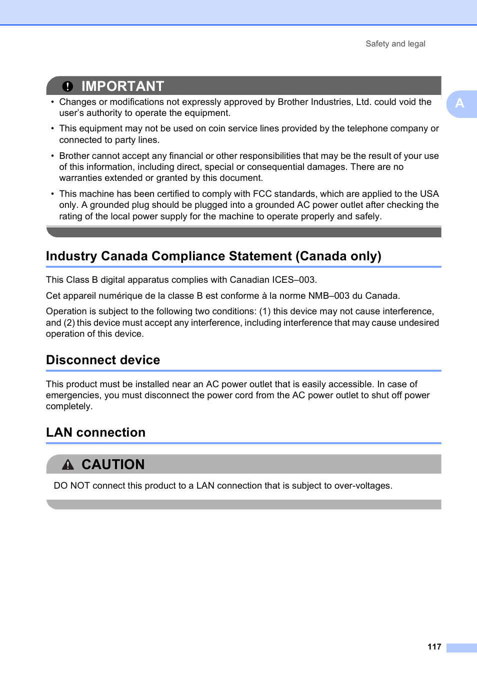 Industry canada compliance statement (canada only), Disconnect device, Lan connection | Important, Caution | Brother MFC-9120CN User Manual | Page 133 / 264