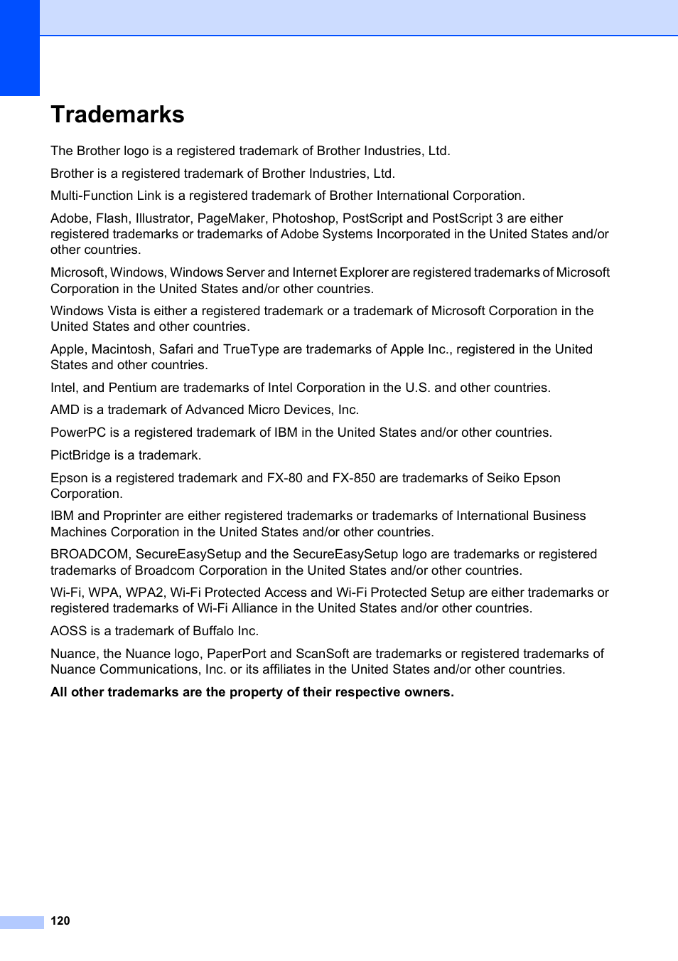 Trademarks | Brother MFC-9120CN User Manual | Page 136 / 264