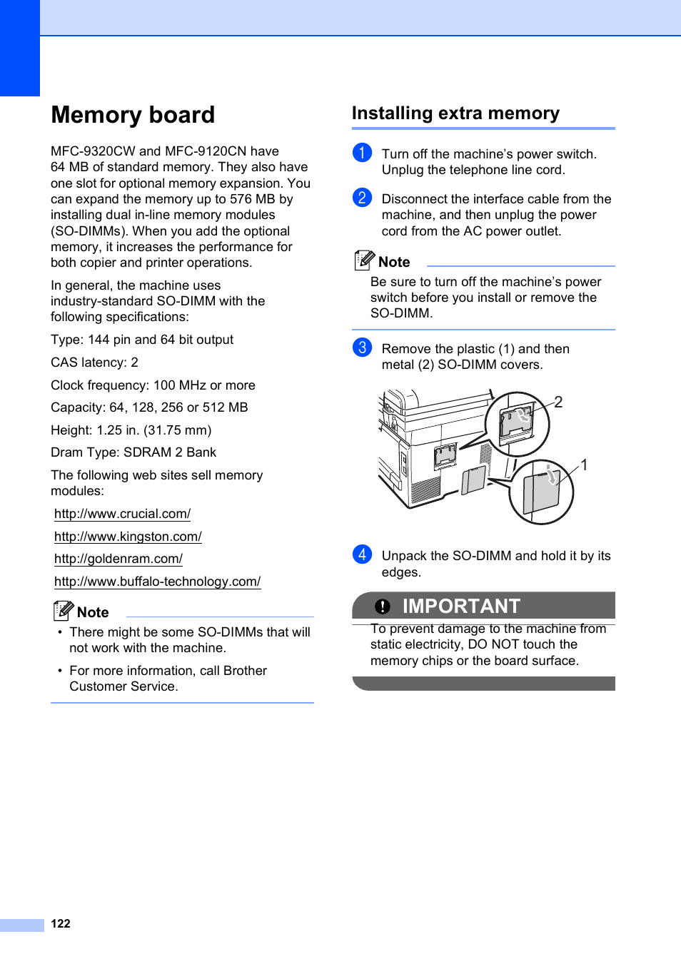 Memory board, Installing extra memory, Important | Brother MFC-9120CN User Manual | Page 138 / 264