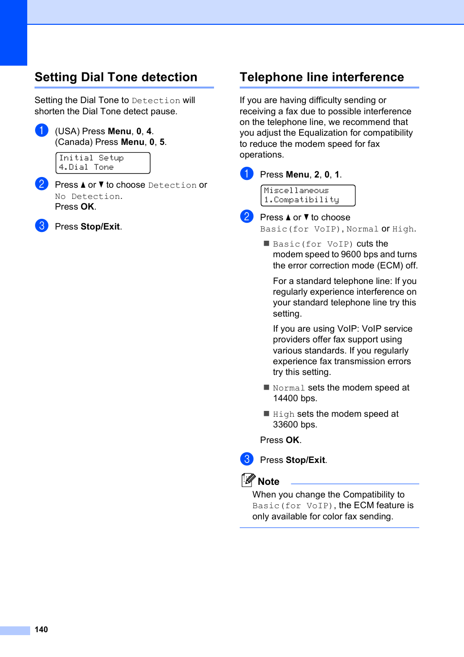 Setting dial tone detection, Telephone line interference | Brother MFC-9120CN User Manual | Page 156 / 264