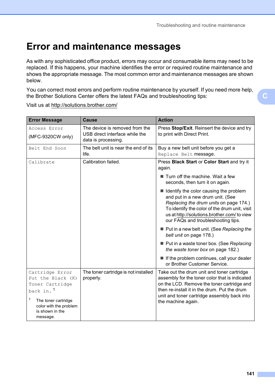 Error and maintenance messages | Brother MFC-9120CN User Manual | Page 157 / 264