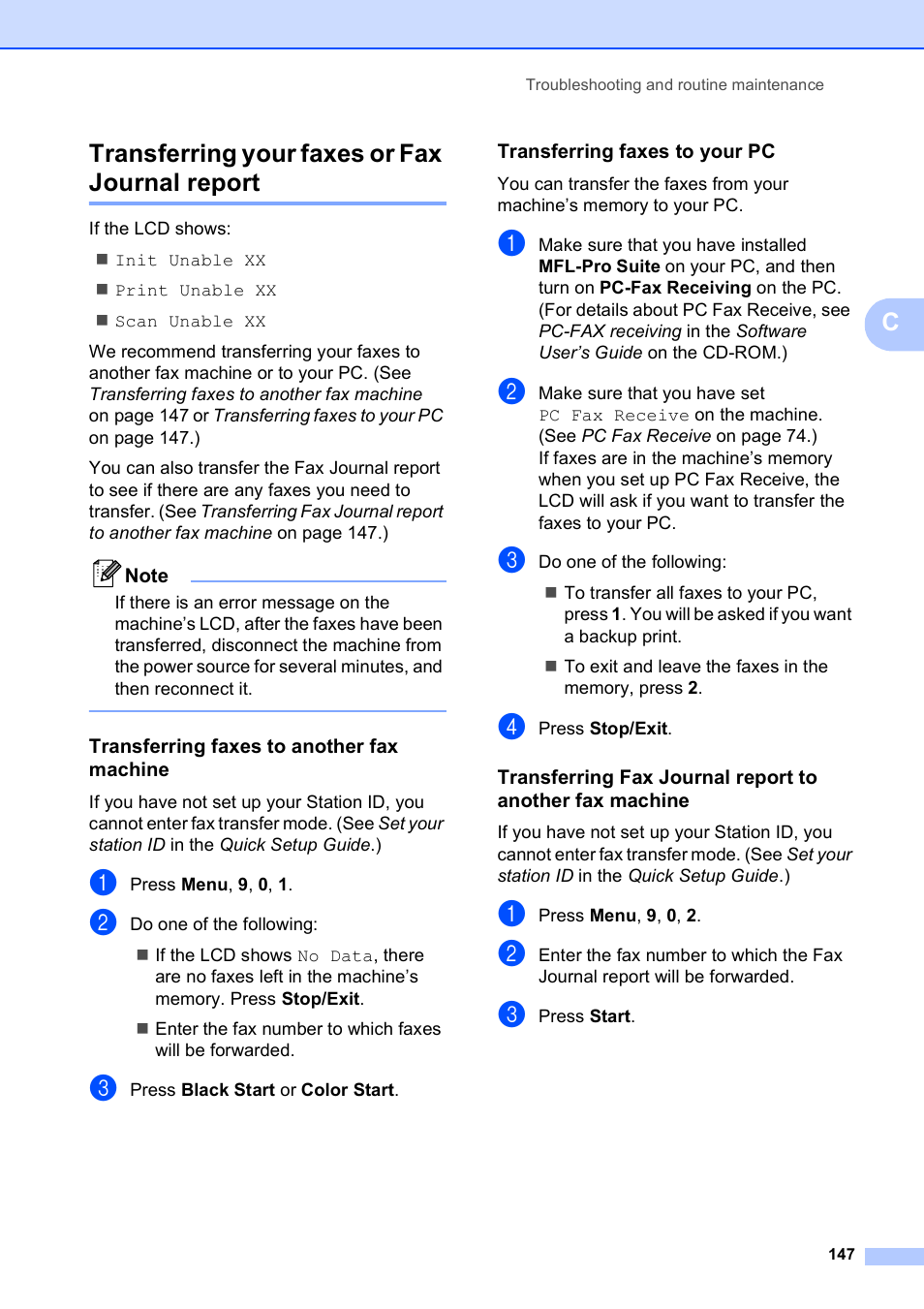Transferring your faxes or fax journal report, Transferring faxes to another fax machine, Transferring faxes to your pc | Ctransferring your faxes or fax journal report | Brother MFC-9120CN User Manual | Page 163 / 264