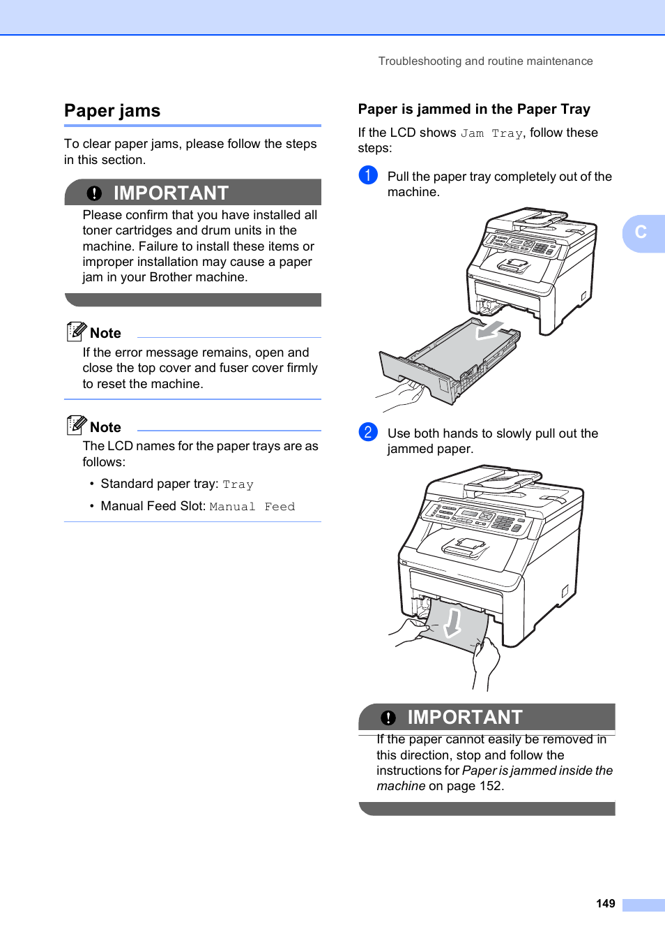 Paper jams, Paper is jammed in the paper tray, Important | Cpaper jams | Brother MFC-9120CN User Manual | Page 165 / 264
