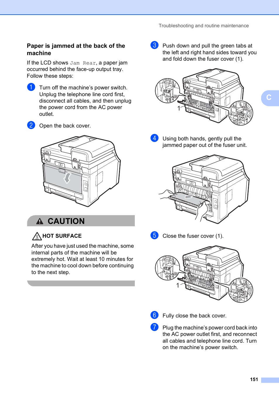 Paper is jammed at the back of the machine, Caution | Brother MFC-9120CN User Manual | Page 167 / 264