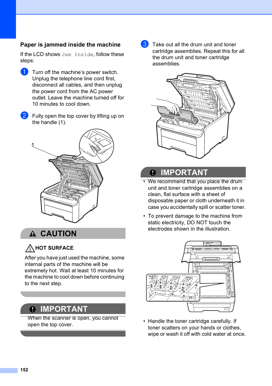 Paper is jammed inside the machine, Caution, Important | Brother MFC-9120CN User Manual | Page 168 / 264