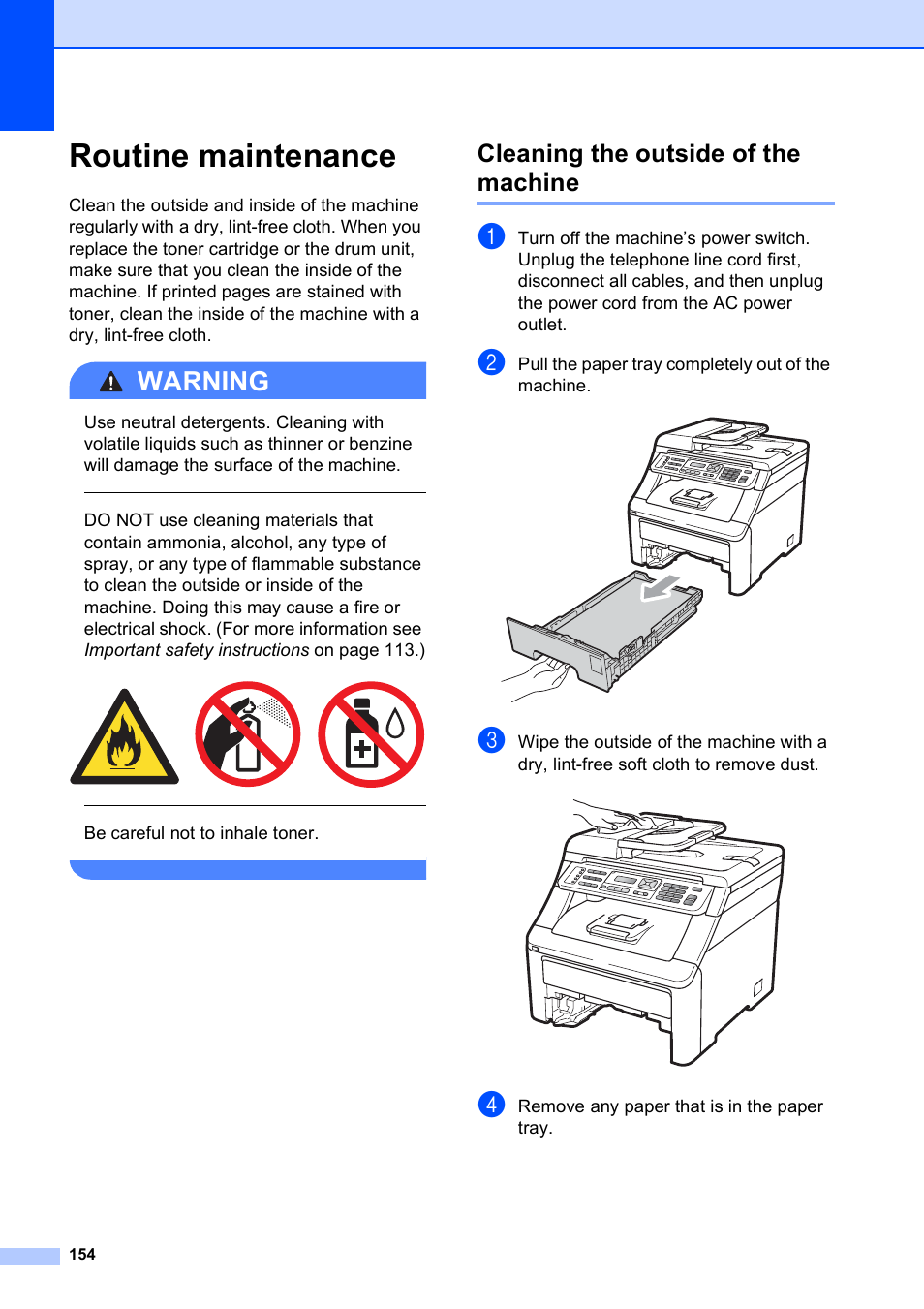 Routine maintenance, Cleaning the outside of the machine, Warning | Brother MFC-9120CN User Manual | Page 170 / 264