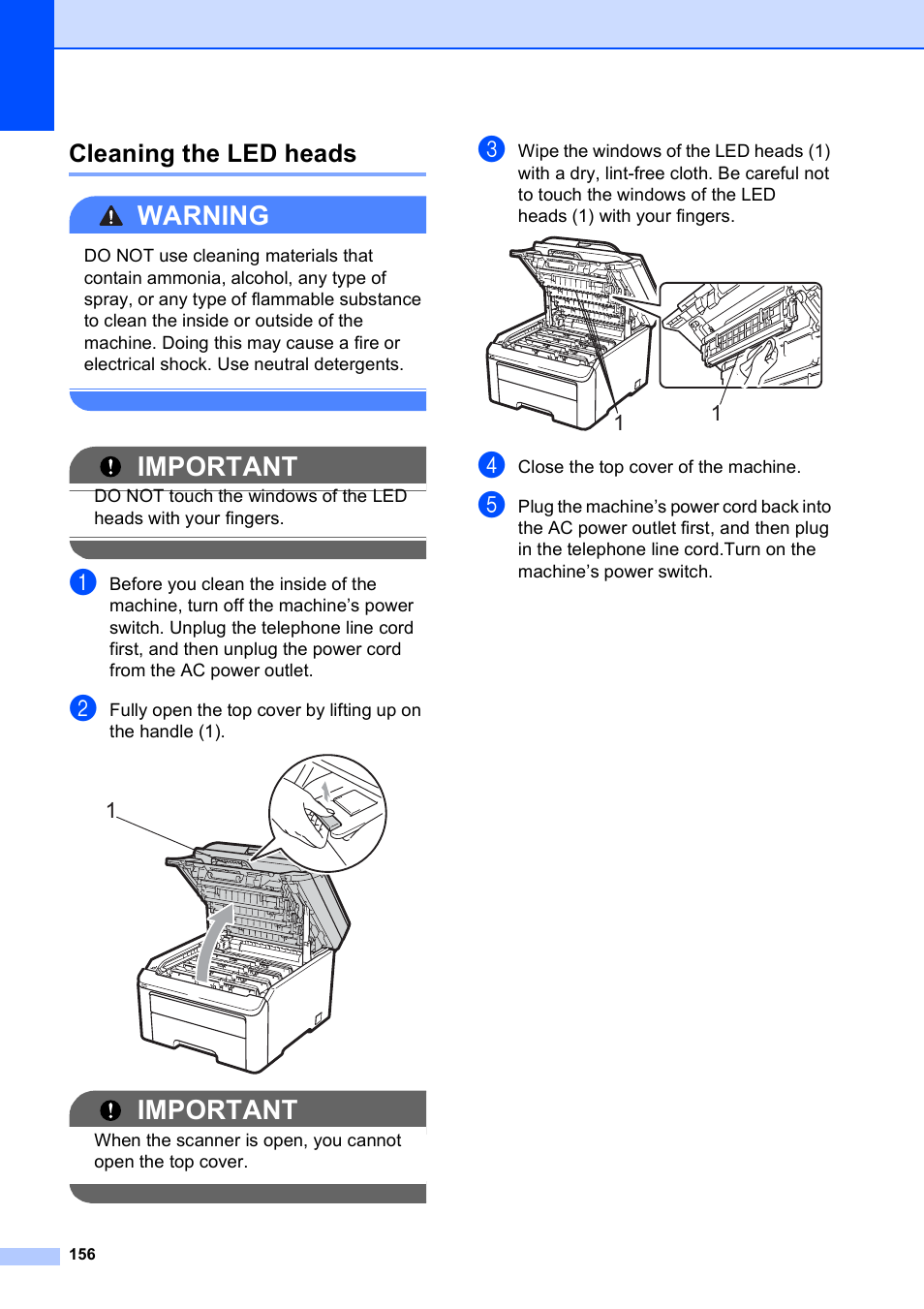 Cleaning the led heads, Warning, Important | Brother MFC-9120CN User Manual | Page 172 / 264
