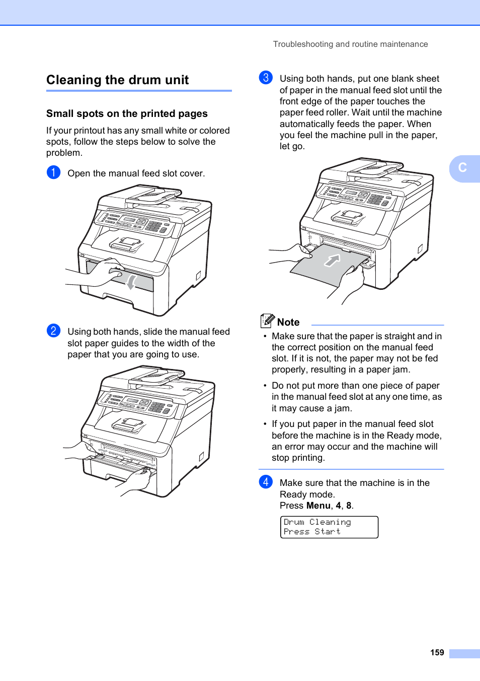 Cleaning the drum unit, Ccleaning the drum unit, Small spots on the printed pages | Brother MFC-9120CN User Manual | Page 175 / 264