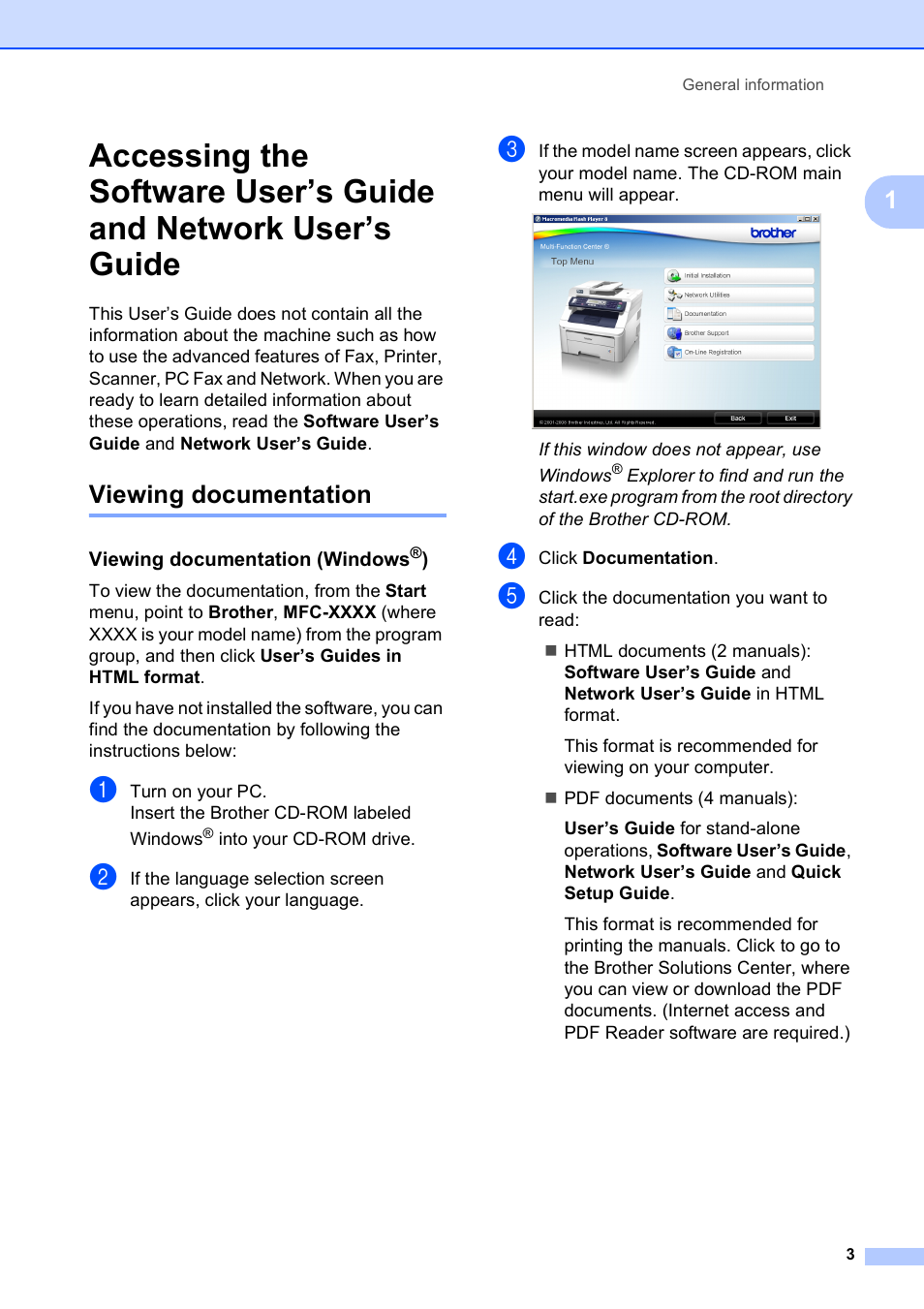 Viewing documentation, Viewing documentation (windows®) | Brother MFC-9120CN User Manual | Page 19 / 264