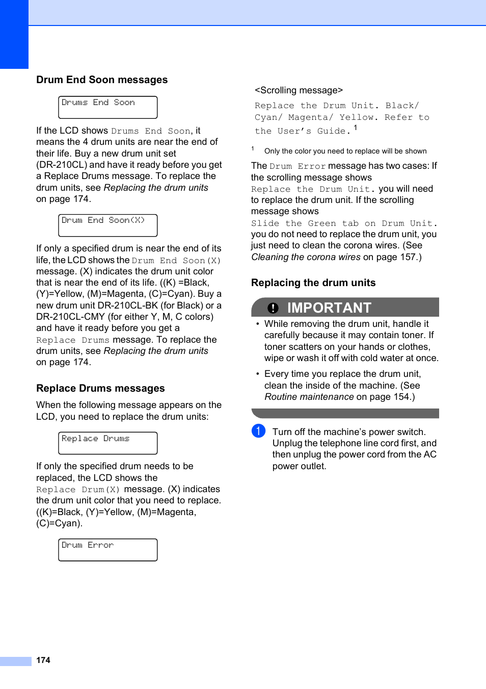Drum end soon messages, Replace drums messages, Replacing the drum units | Important | Brother MFC-9120CN User Manual | Page 190 / 264