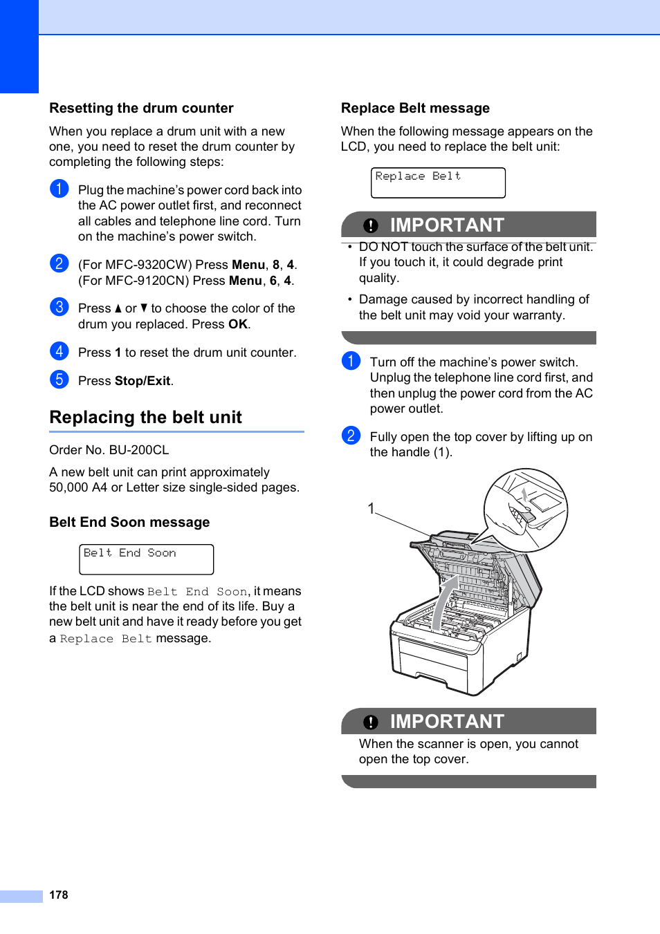 Resetting the drum counter, Replacing the belt unit, Belt end soon message | Replace belt message, Important | Brother MFC-9120CN User Manual | Page 194 / 264