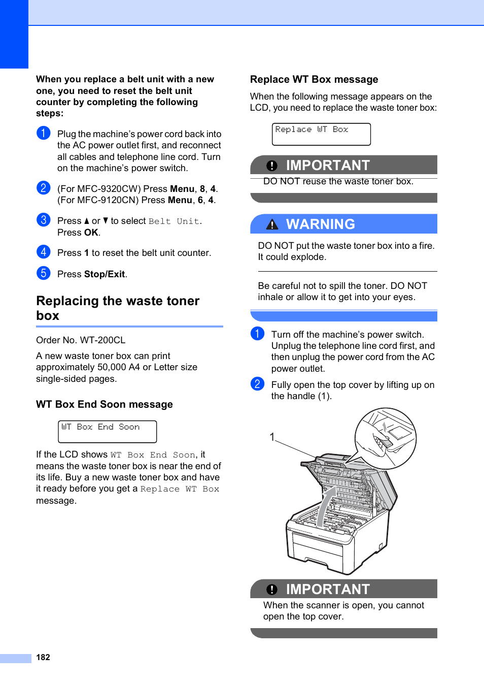 Replacing the waste toner box, Wt box end soon message, Replace wt box message | Important, Warning | Brother MFC-9120CN User Manual | Page 198 / 264
