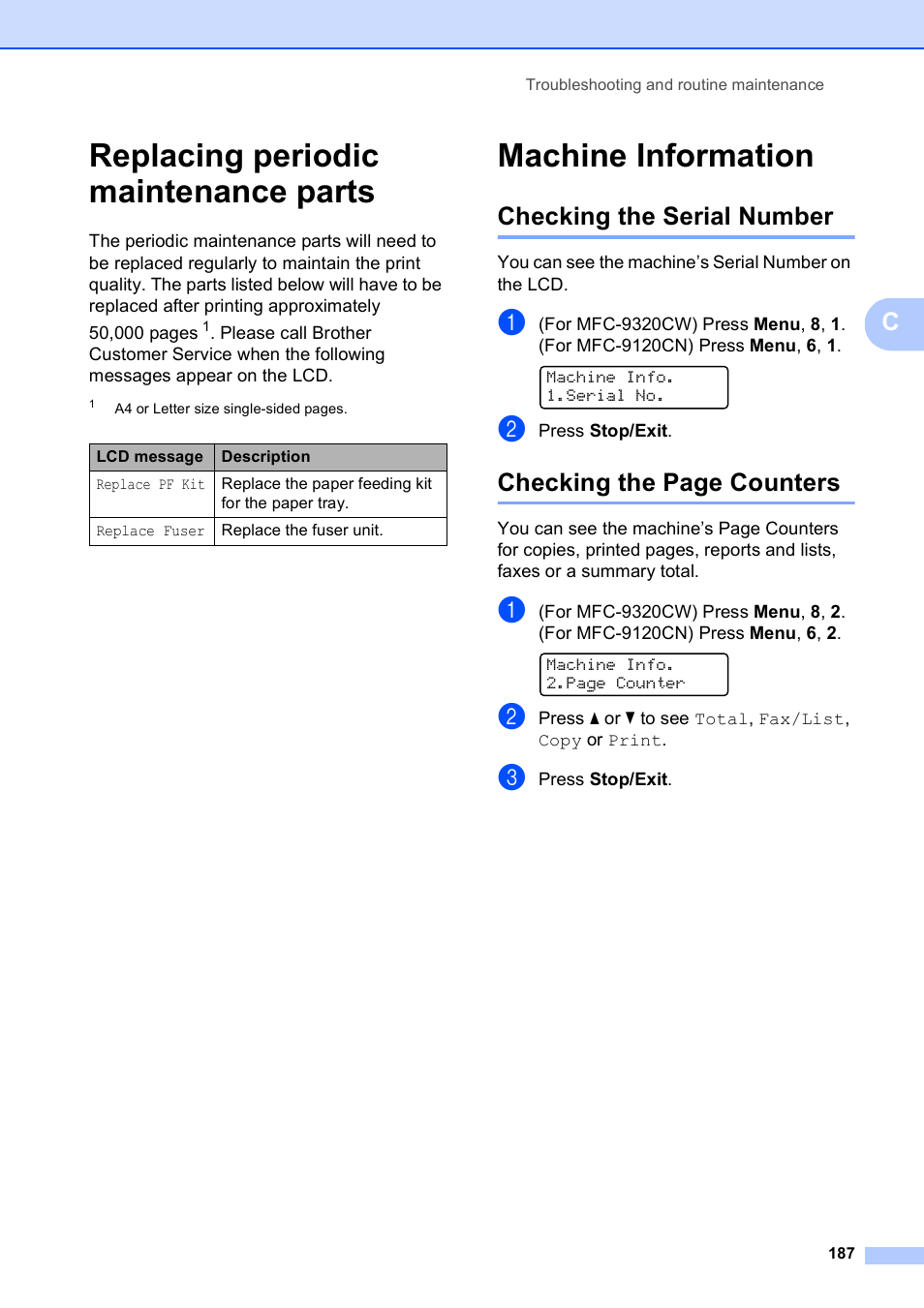 Replacing periodic maintenance parts, Machine information, Checking the serial number | Checking the page counters | Brother MFC-9120CN User Manual | Page 203 / 264