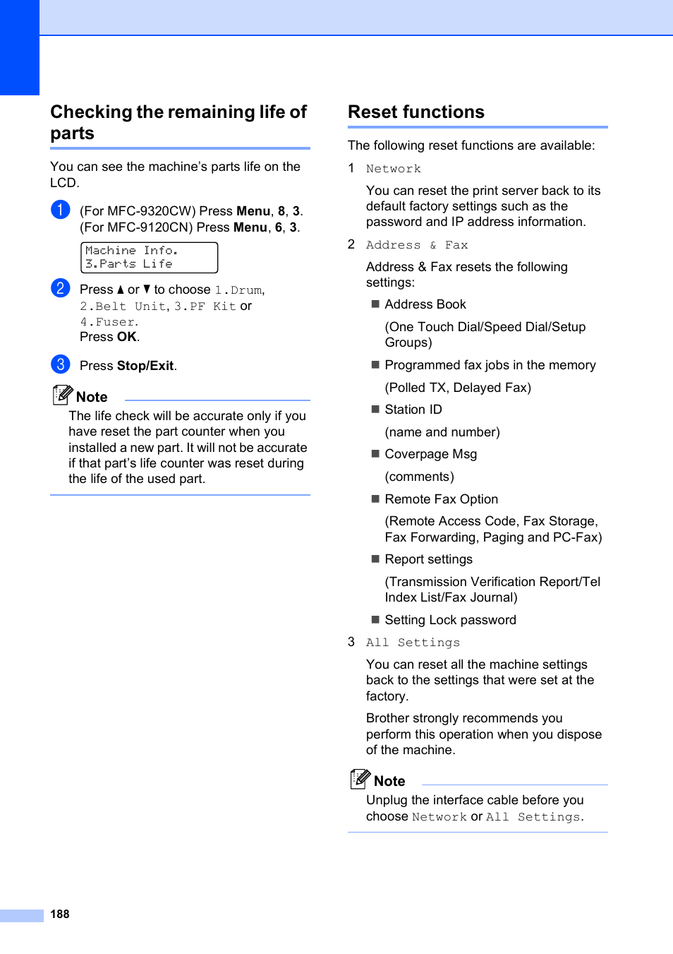 Checking the remaining life of parts, Reset functions | Brother MFC-9120CN User Manual | Page 204 / 264