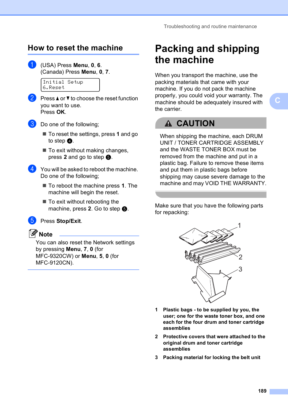 How to reset the machine, Packing and shipping the machine, Caution | Chow to reset the machine | Brother MFC-9120CN User Manual | Page 205 / 264