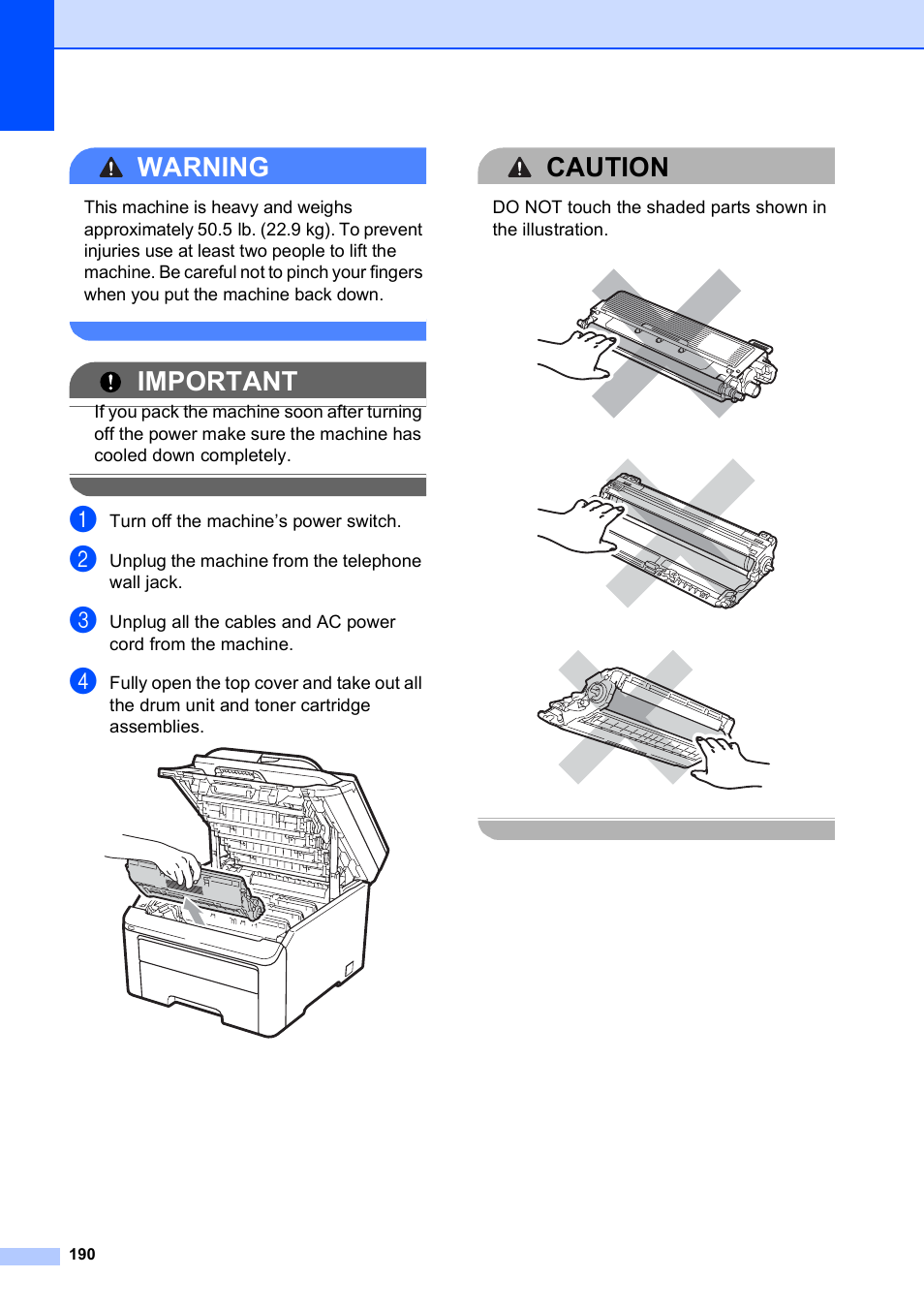 Warning, Important, Caution | Brother MFC-9120CN User Manual | Page 206 / 264