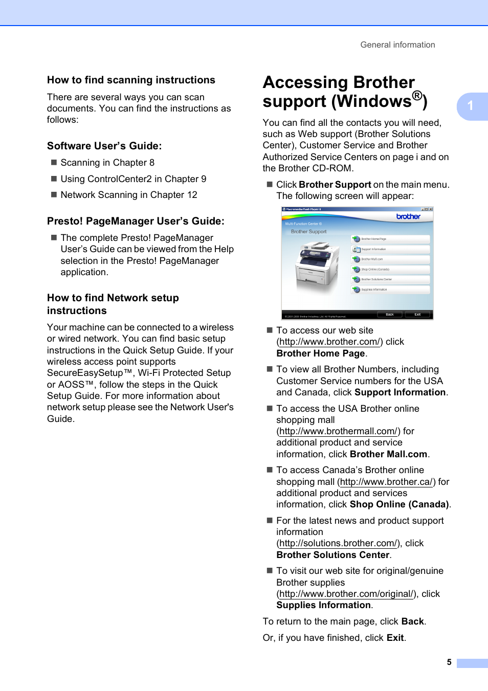 How to find scanning instructions, Software user’s guide, How to find network setup instructions | Accessing brother support (windows®), Accessing brother support (windows | Brother MFC-9120CN User Manual | Page 21 / 264