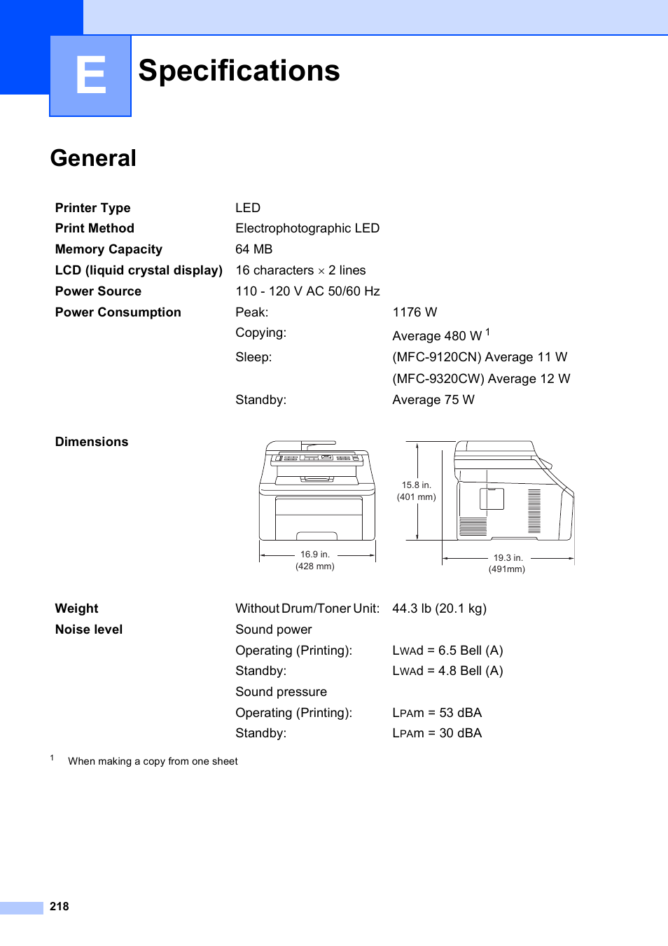 E specifications, General, Specifications | Brother MFC-9120CN User Manual | Page 234 / 264