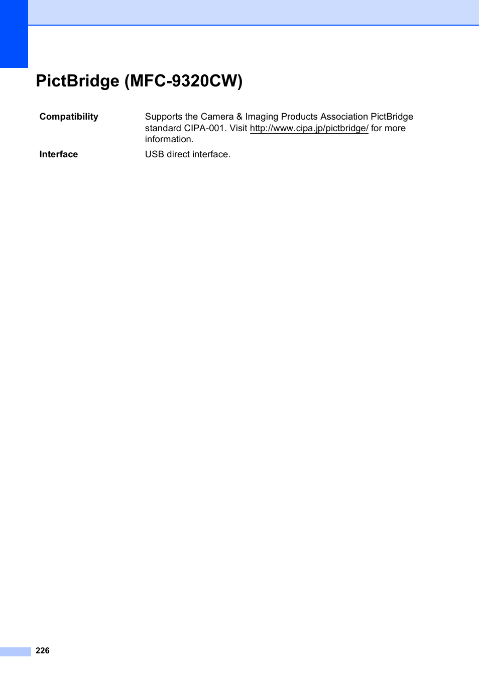 Pictbridge (mfc-9320cw) | Brother MFC-9120CN User Manual | Page 242 / 264