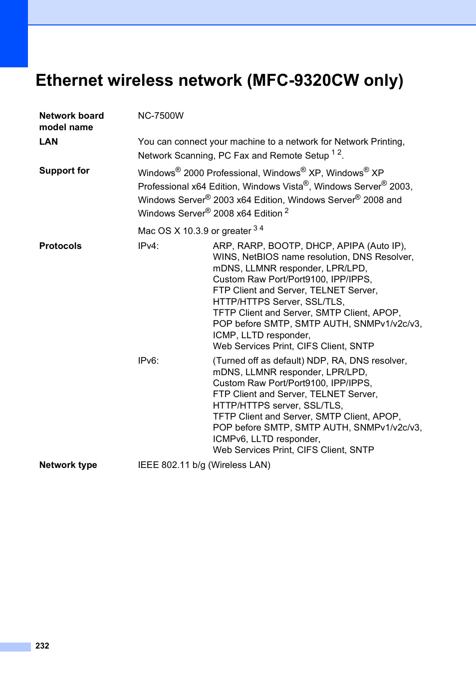 Ethernet wireless network (mfc-9320cw only) | Brother MFC-9120CN User Manual | Page 248 / 264