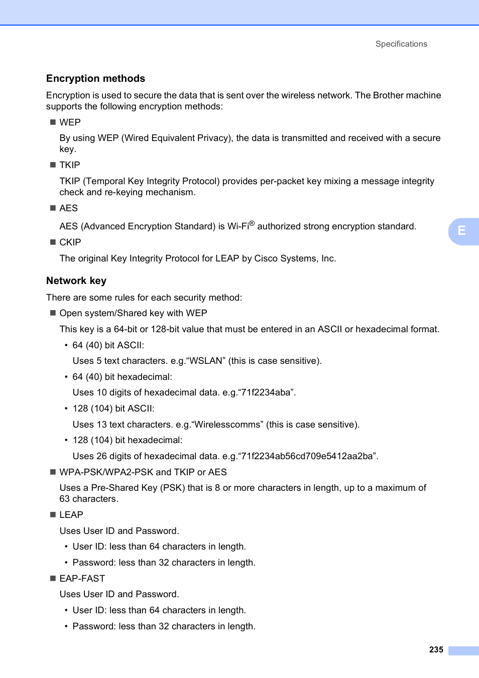 Encryption methods, Network key | Brother MFC-9120CN User Manual | Page 251 / 264