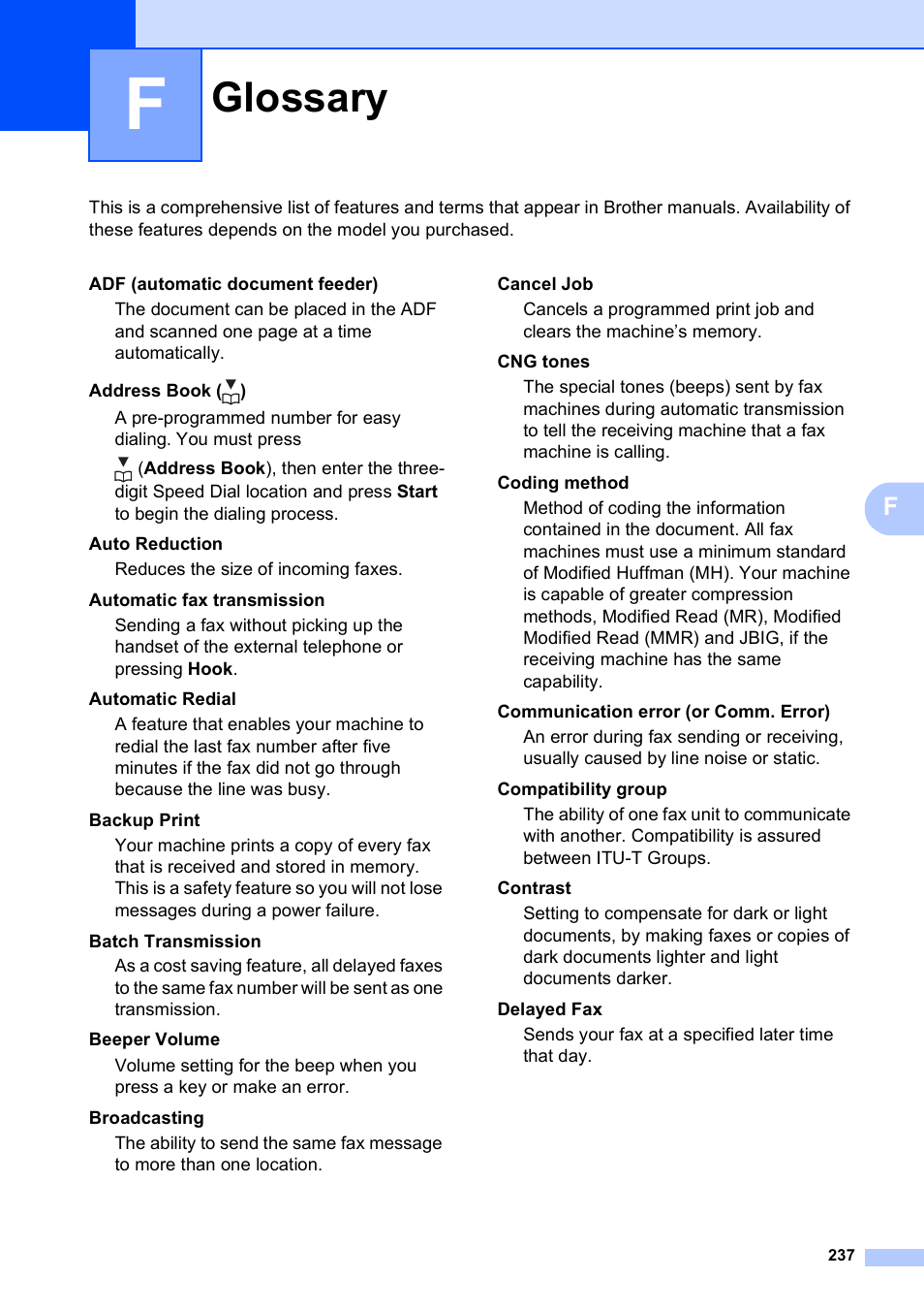 F glossary, Glossary | Brother MFC-9120CN User Manual | Page 253 / 264