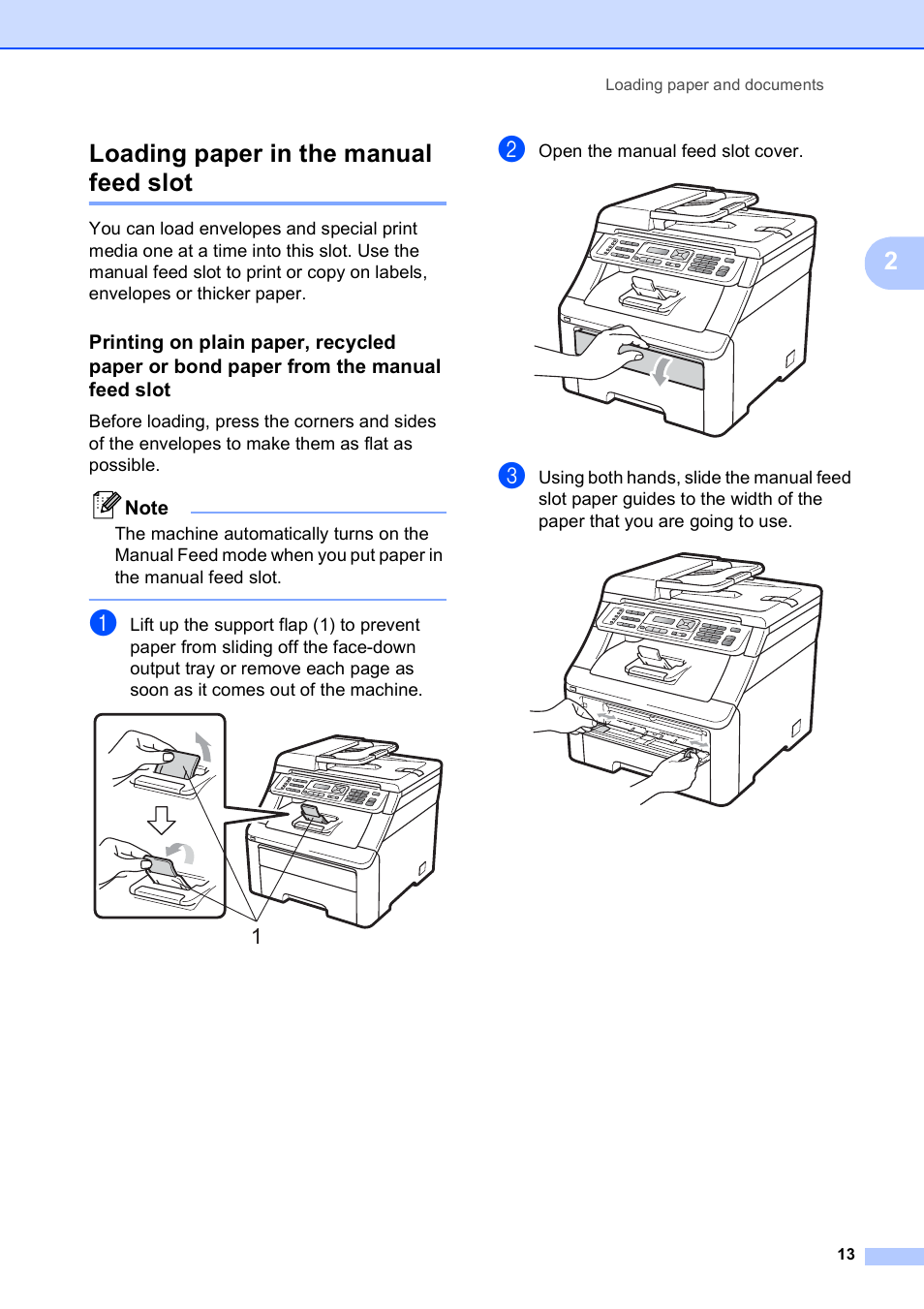 Loading paper in the manual feed slot, 2loading paper in the manual feed slot | Brother MFC-9120CN User Manual | Page 29 / 264