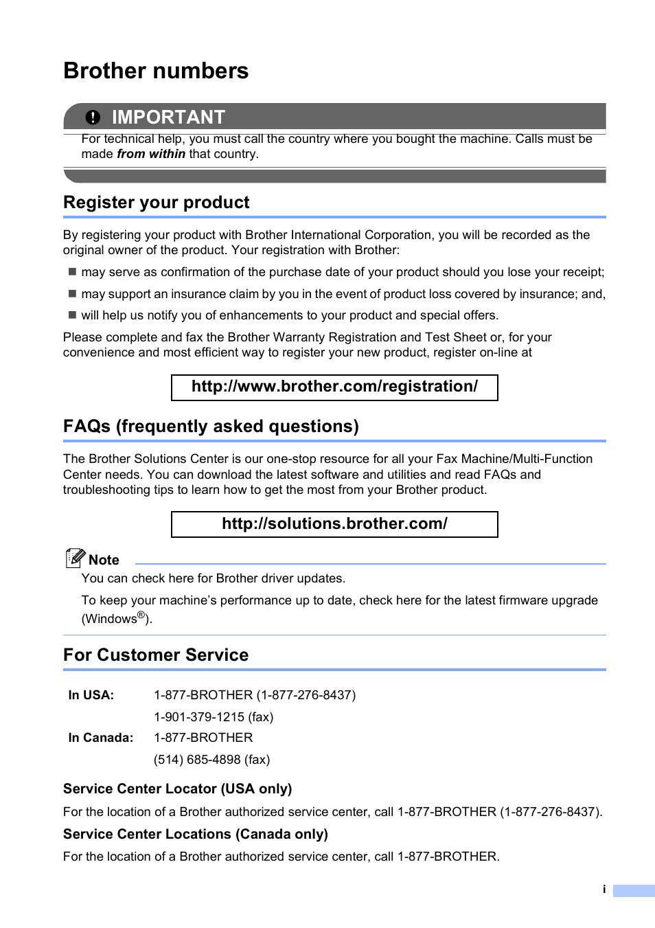 Brother numbers, Register your product, Faqs (frequently asked questions) | For customer service, Important | Brother MFC-9120CN User Manual | Page 3 / 264