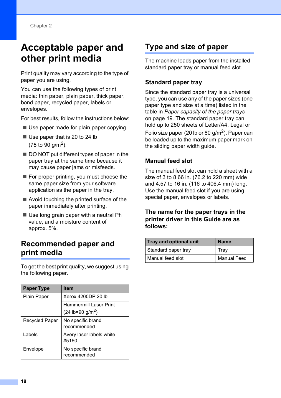 Acceptable paper and other print media, Recommended paper and print media, Type and size of paper | Standard paper tray, Manual feed slot | Brother MFC-9120CN User Manual | Page 34 / 264