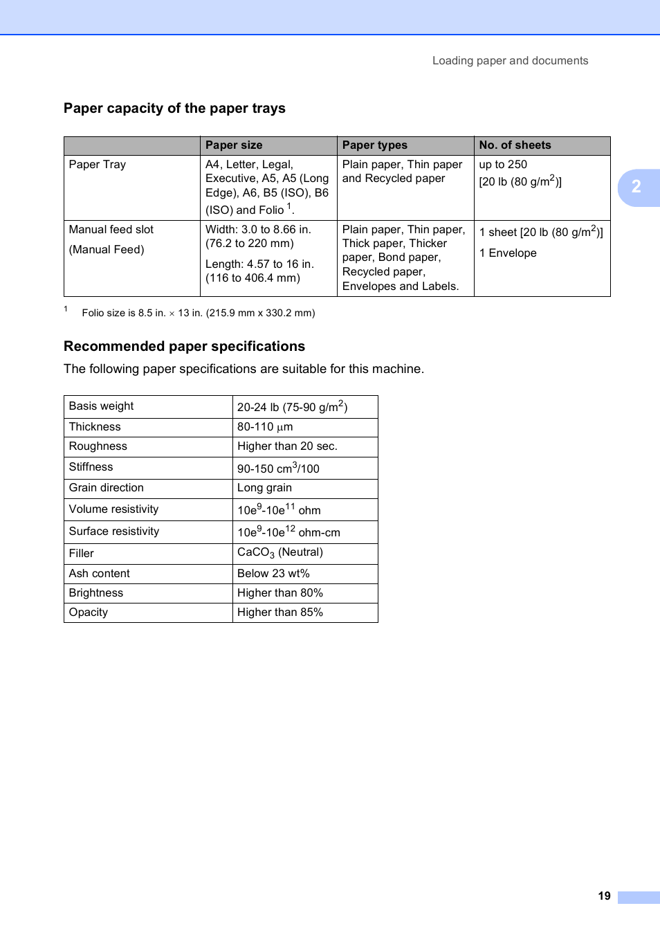 Paper capacity of the paper trays, Recommended paper specifications | Brother MFC-9120CN User Manual | Page 35 / 264