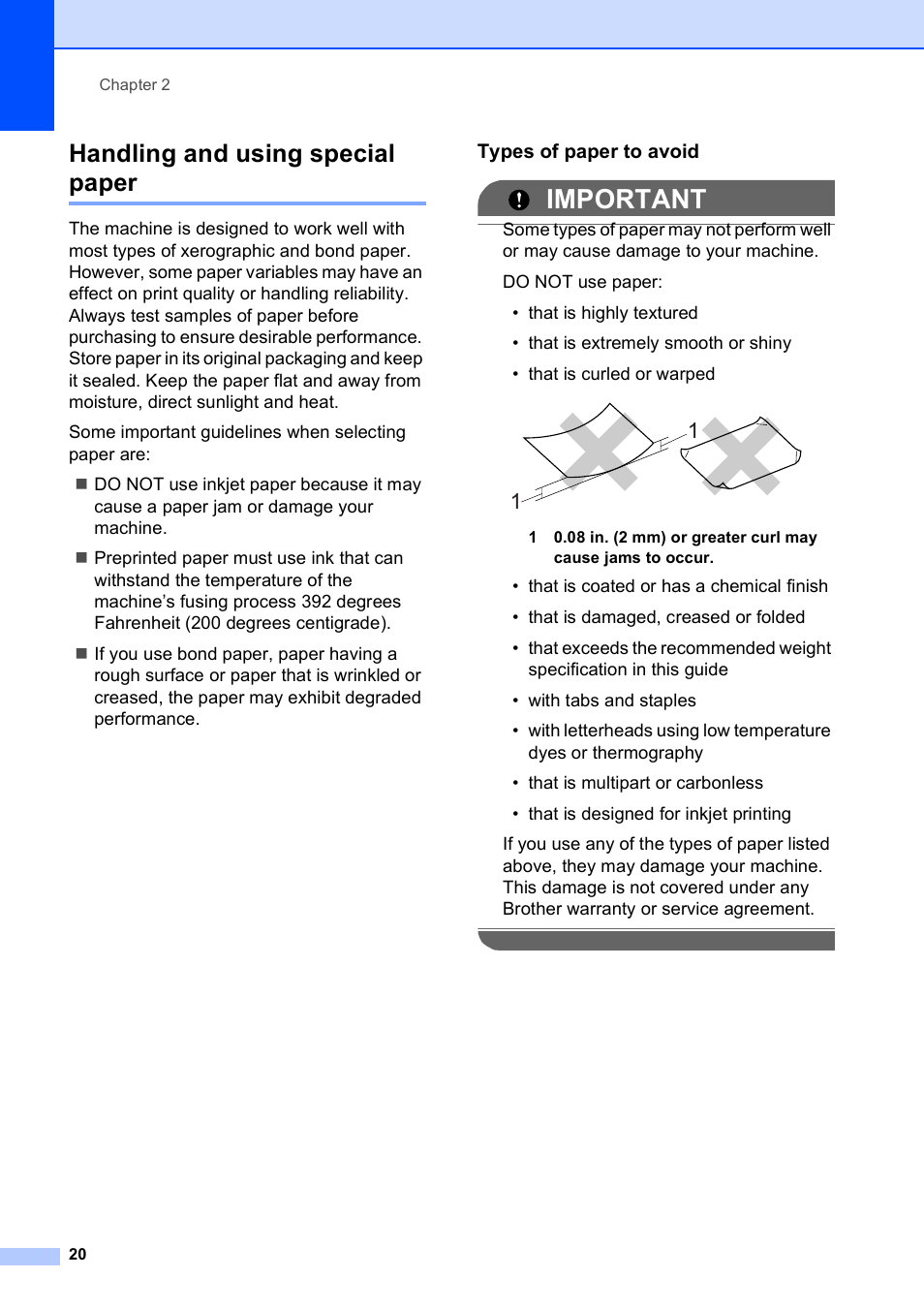 Handling and using special paper, Types of paper to avoid, Important | Brother MFC-9120CN User Manual | Page 36 / 264