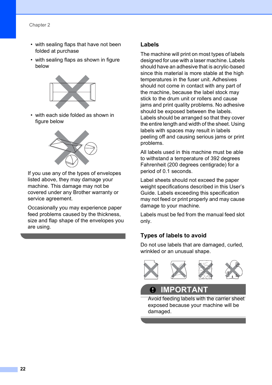 Labels, Types of labels to avoid, Important | With each side folded as shown in figure below | Brother MFC-9120CN User Manual | Page 38 / 264