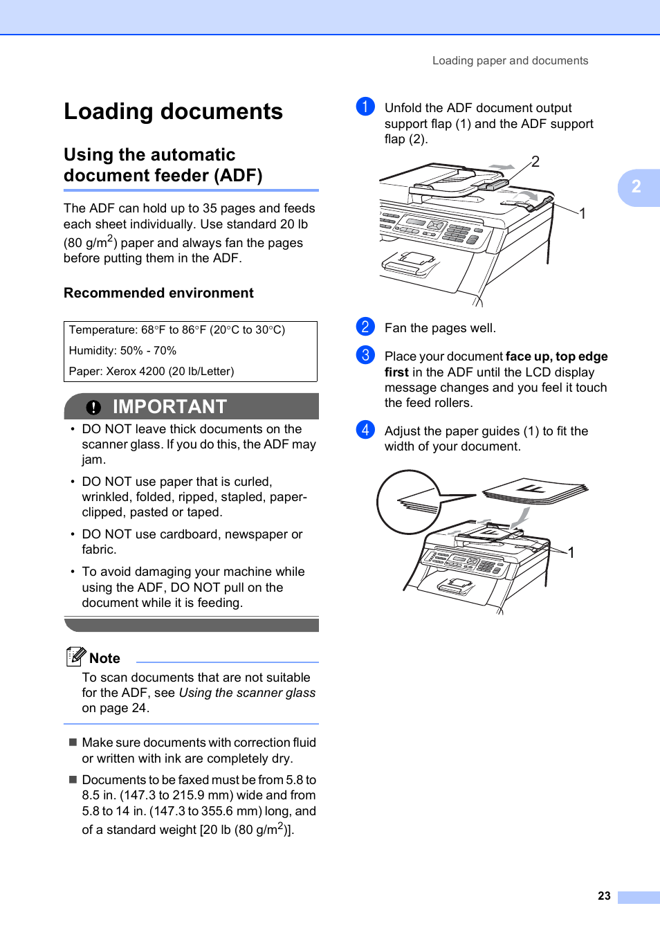 Loading documents, Using the automatic document feeder (adf), Recommended environment | Important | Brother MFC-9120CN User Manual | Page 39 / 264