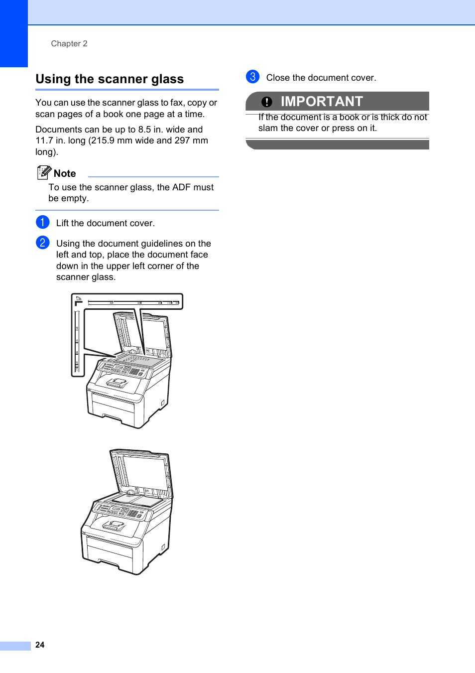Using the scanner glass, Important | Brother MFC-9120CN User Manual | Page 40 / 264