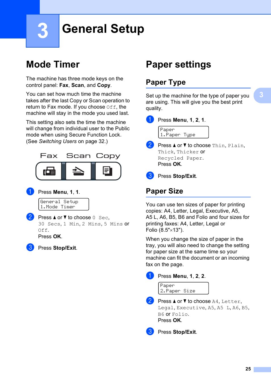 3 general setup, Mode timer, Paper settings | Paper type, Paper size, General setup, Mode timer paper settings, Paper type paper size | Brother MFC-9120CN User Manual | Page 41 / 264