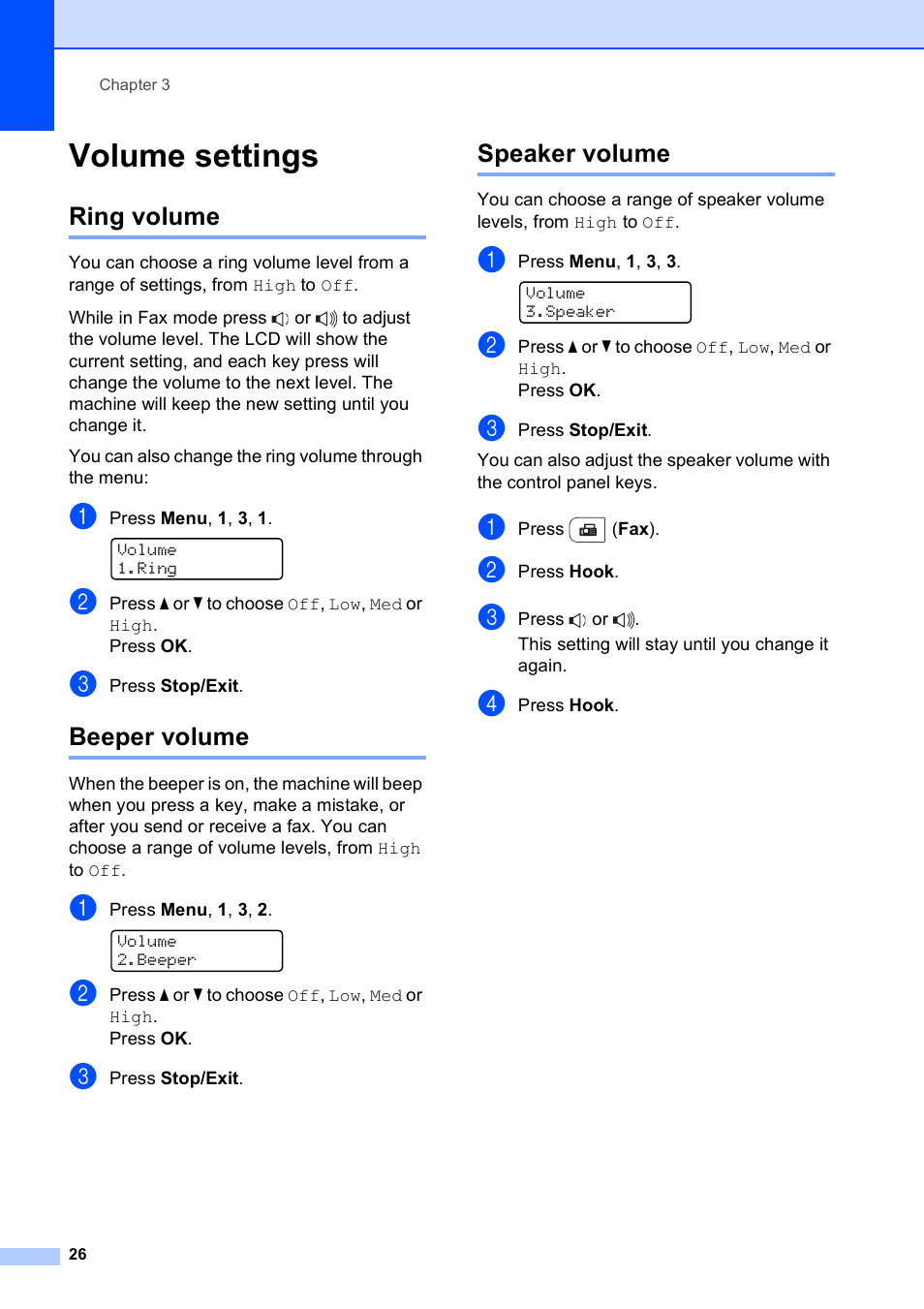 Volume settings, Ring volume, Beeper volume | Speaker volume, Ring volume beeper volume speaker volume | Brother MFC-9120CN User Manual | Page 42 / 264