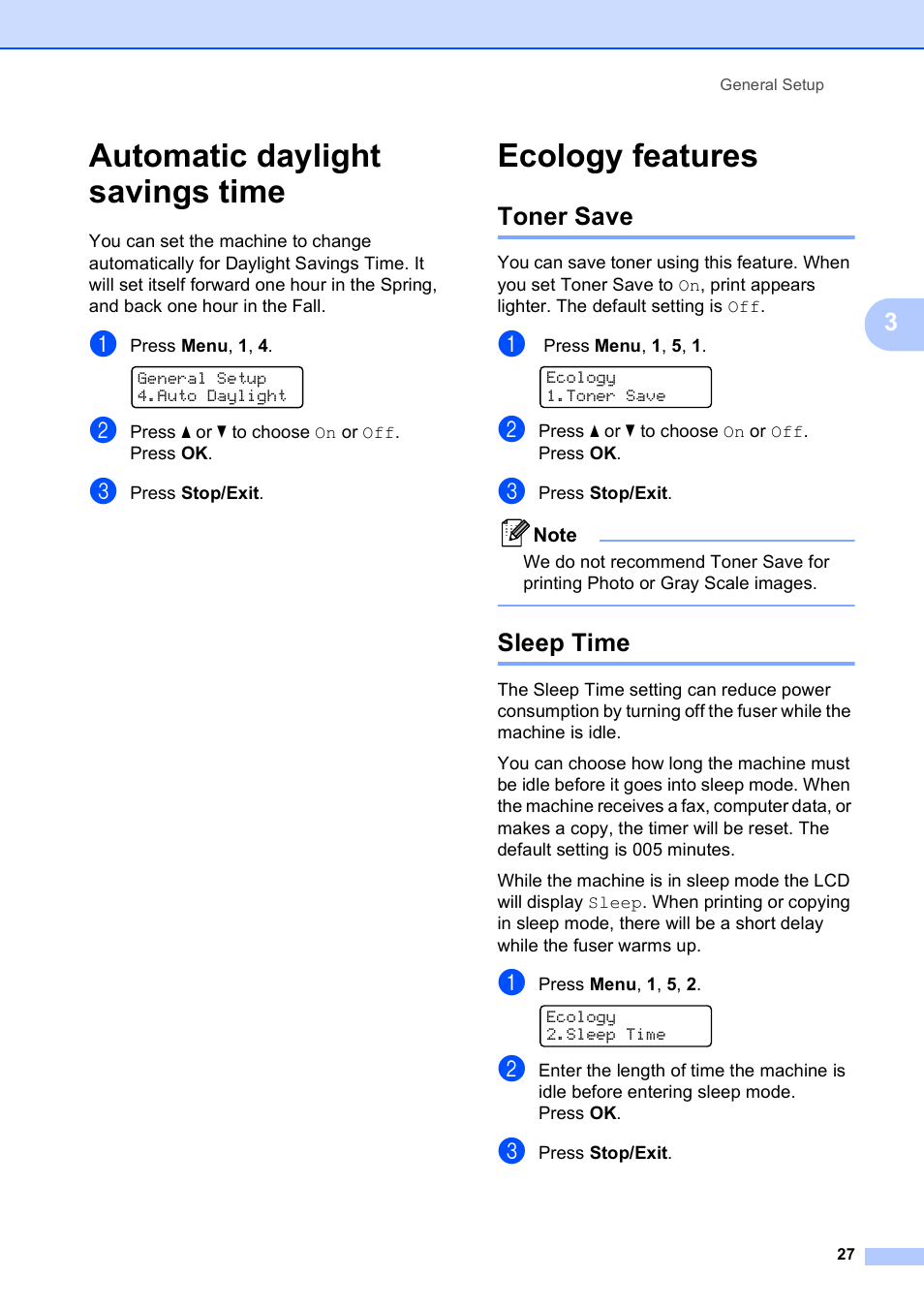 Automatic daylight savings time, Ecology features, Toner save | Sleep time, Automatic daylight savings time ecology features, Toner save sleep time | Brother MFC-9120CN User Manual | Page 43 / 264
