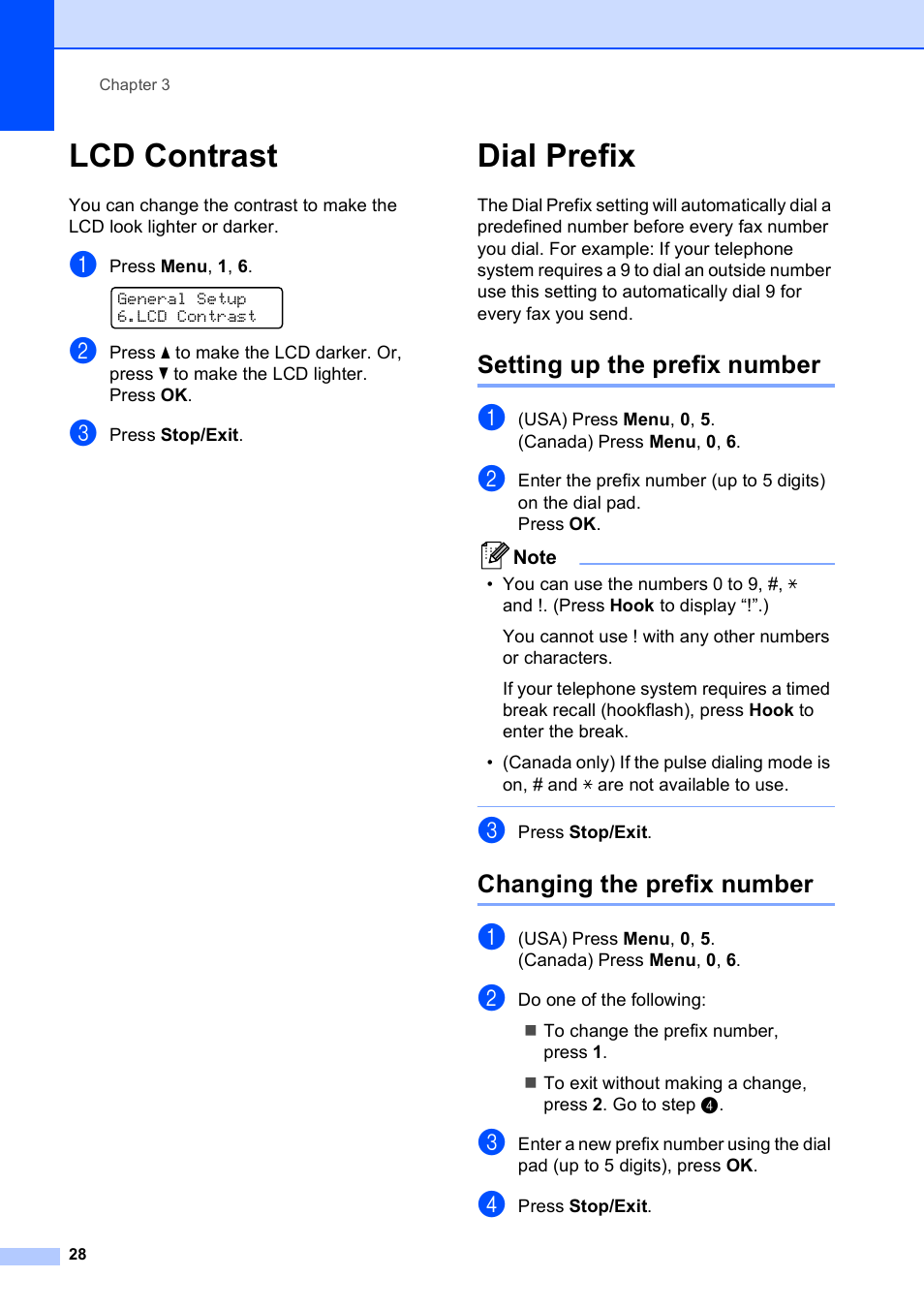 Lcd contrast, Dial prefix, Setting up the prefix number | Changing the prefix number, Lcd contrast dial prefix | Brother MFC-9120CN User Manual | Page 44 / 264