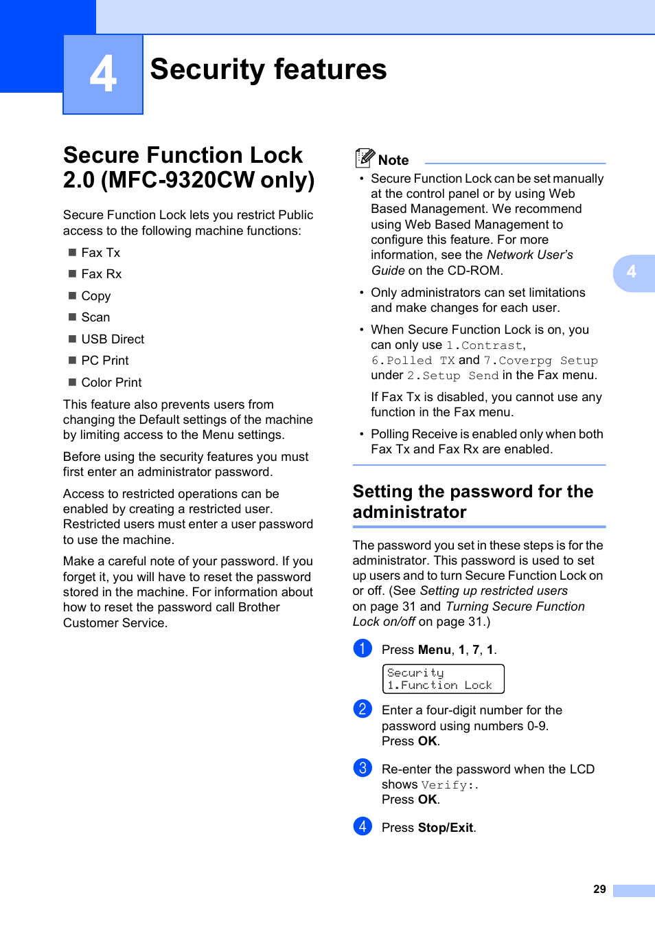 4 security features, Secure function lock 2.0 (mfc-9320cw only), Setting the password for the administrator | Security features | Brother MFC-9120CN User Manual | Page 45 / 264