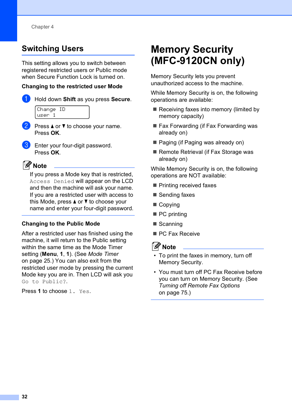 Switching users, Memory security (mfc-9120cn only) | Brother MFC-9120CN User Manual | Page 48 / 264