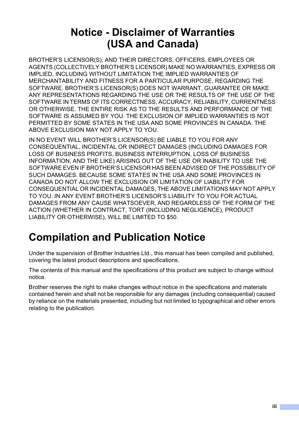 Notice - disclaimer of warranties (usa and canada), Compilation and publication notice | Brother MFC-9120CN User Manual | Page 5 / 264